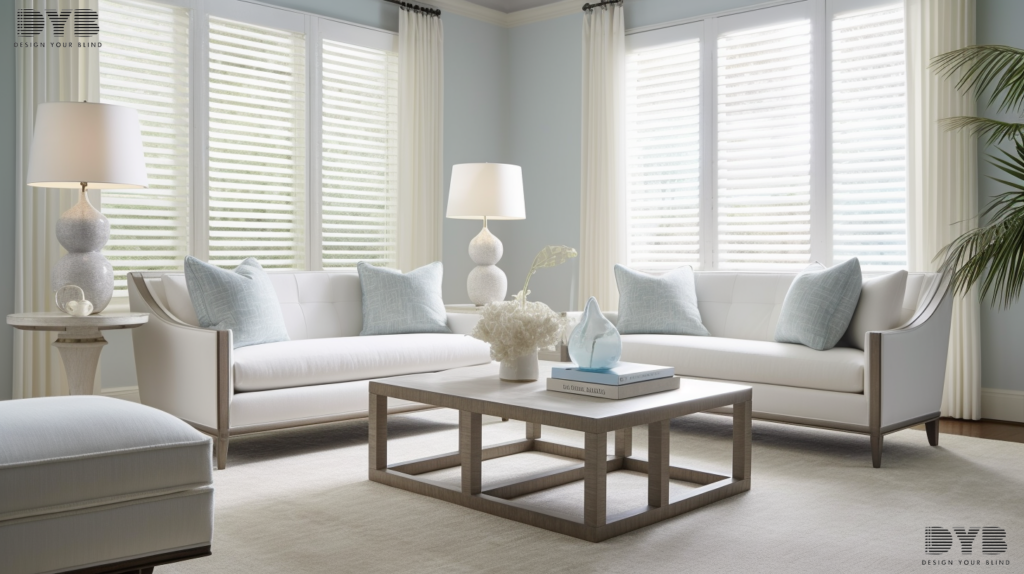 Coastal living room in Boynton Beach with Solar Roller Shades, showcasing a seamless blend of style and functionality