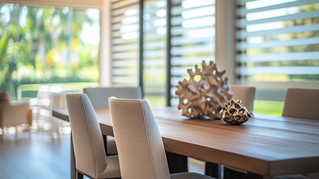 Dining room in Palm Beach Gardens with a transitional design, featuring a rustic wood dining table and partially closed Zebra Shades.