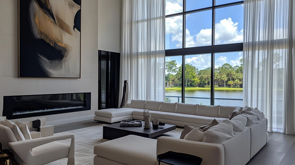 Urban Modern living room in Parkland with tall windows featuring partially closed sheer curtains and a lake view.