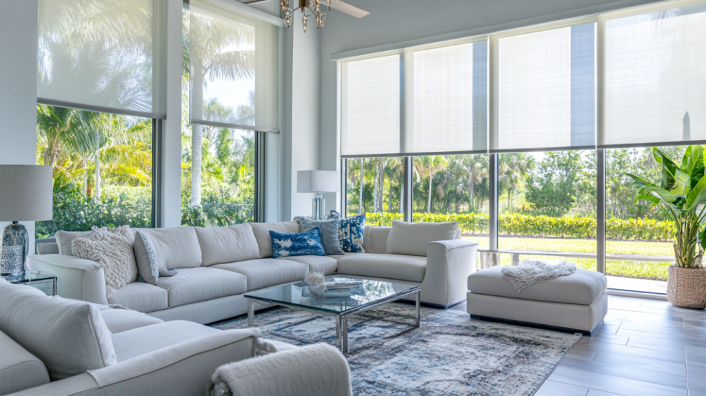 Modern home office in Delray Beach with a white desk and ergonomic chair, featuring Hunter Douglas Silhouette Shades on windows framing a view of the Intercoastal Waterway.