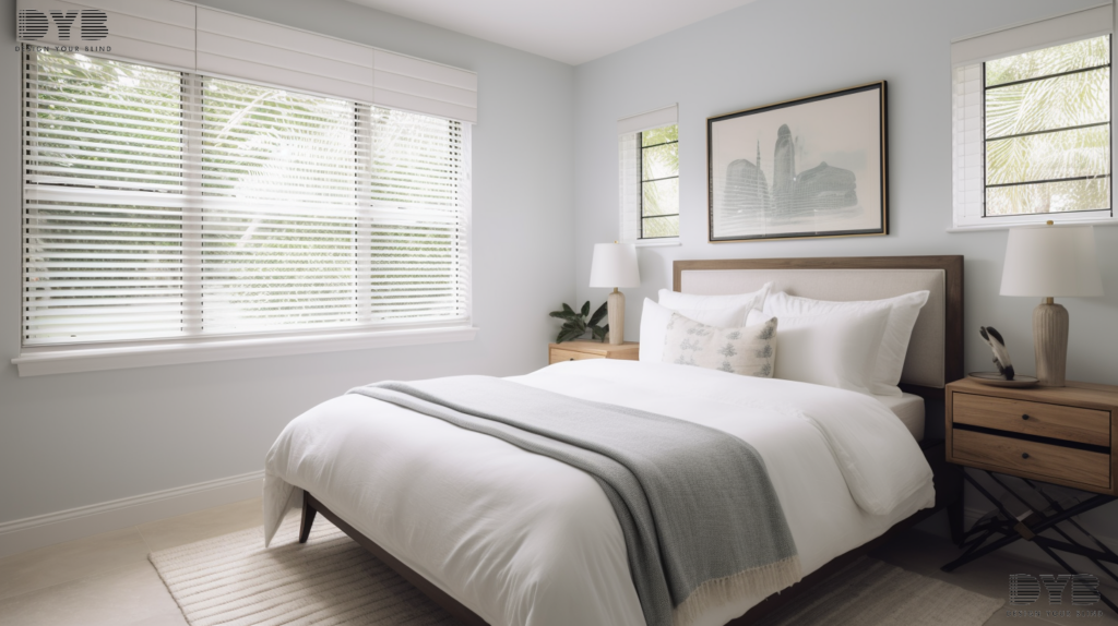 A guest bedroom in Boynton Beach, FL, showcasing the versatility of Screen Roller Shades in a farmhouse modern setting.