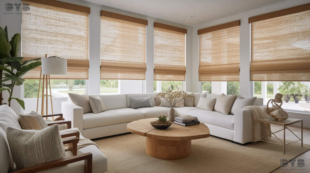 A coastal-inspired living room in Palm Beach Gardens, FL, featuring Screen Roller Shades that perfectly complement the decor.