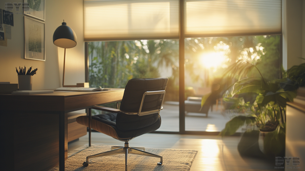Blackout shades in a minimalist home office in West Palm Beach, Florida