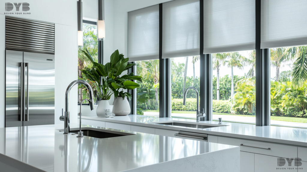Blackout shades in a minimalist kitchen in West Palm Beach, Florida