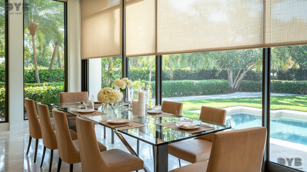 A modern dining room with Roller Shades in Boca Raton, Florida