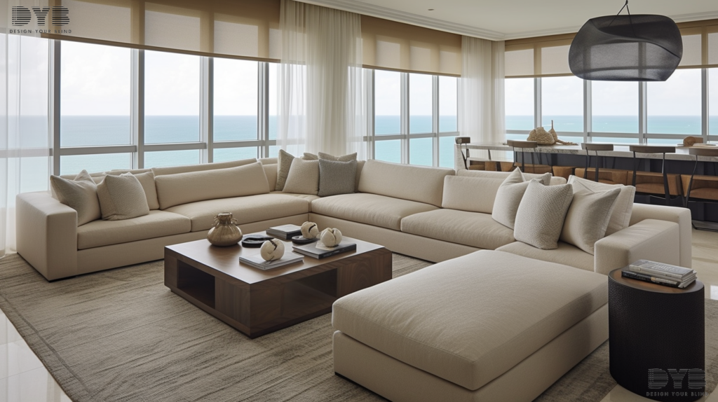 Boca Raton Family Room with Honeycomb Shades, modern design, Mitchell Gold + Bob Williams furniture