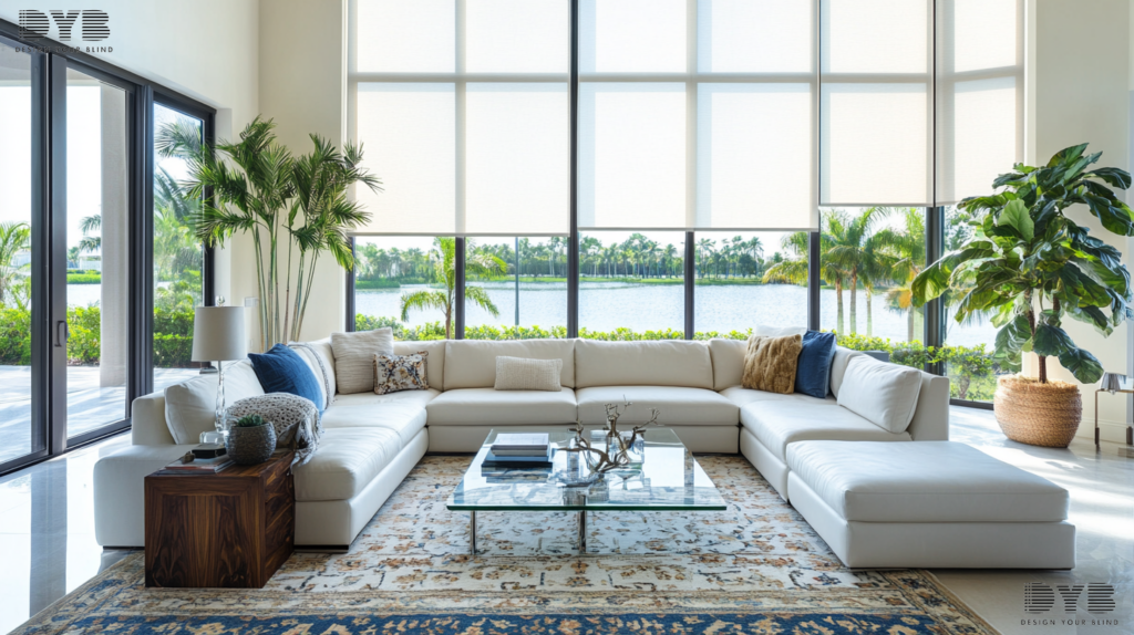 A contemporary living room in Boca Raton, FL, with Roller Shades, a white sectional sofa, and a view of a lake.