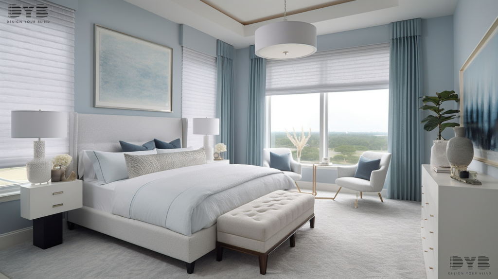 Boca Raton Master Bedroom with Honeycomb Shades, coastal design, Bernhardt furniture
