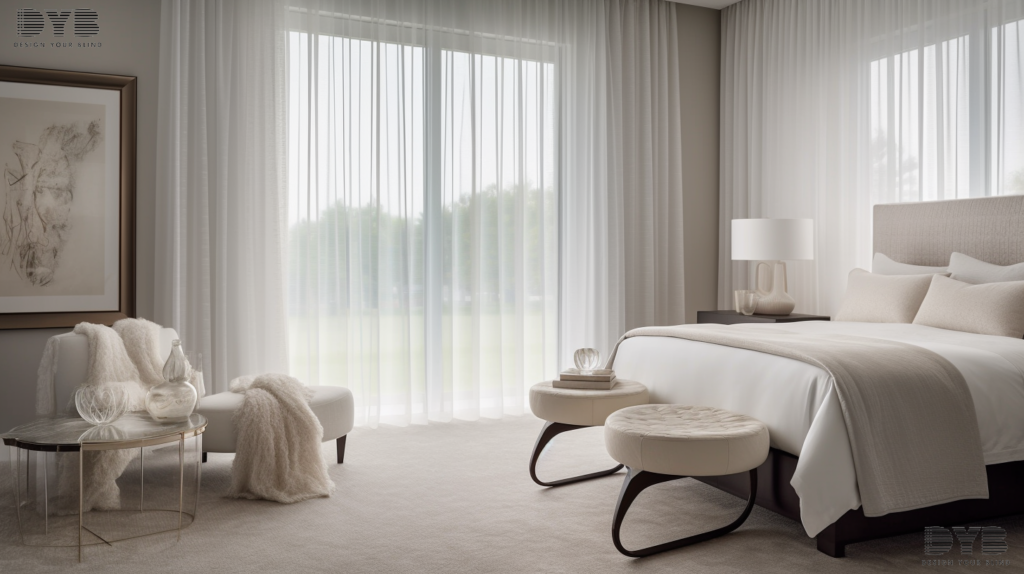 A minimalist guest bedroom in Boynton Beach, FL, with sheer curtains and an ocean view.