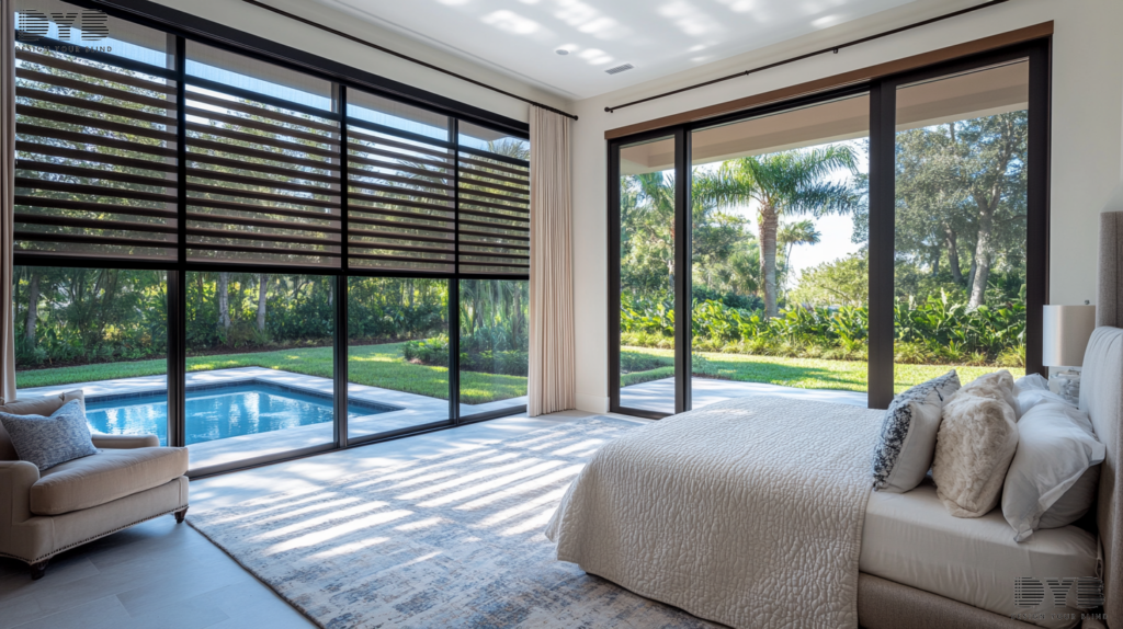 Silhouette Shades in a guest bedroom in Lighthouse Point, FL, with a view of a backyard and pool
