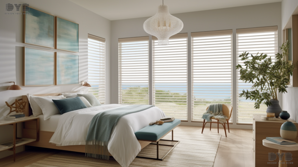 Silhouette Shades in a Delray Beach bedroom, showcasing a coastal design style and a backyard view