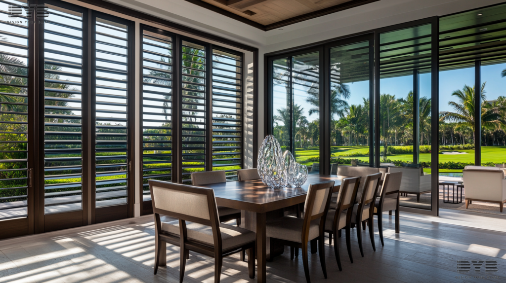 Silhouette Shades in a Delray Beach dining room, showcasing a Coastal design style and a golf course view
