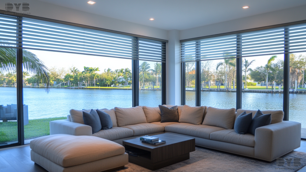 Silhouette Shades in a Delray Beach family room, showcasing a Minimalist design style and a canal view