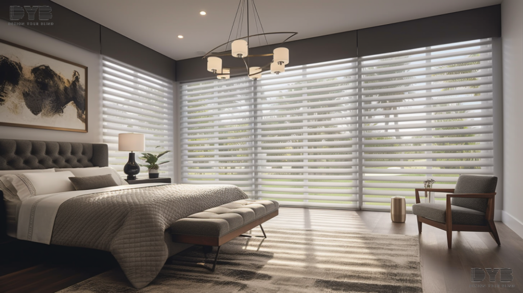 Silhouette Shades in a Delray Beach master bedroom, showcasing a Farmhouse Modern design style and a backyard with a pool