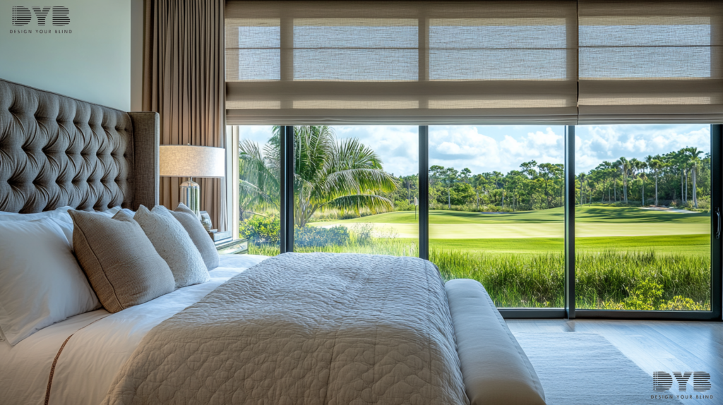 Silhouette Shades in a Delray Beach master bedroom, showcasing a Coastal design style and a golf course view