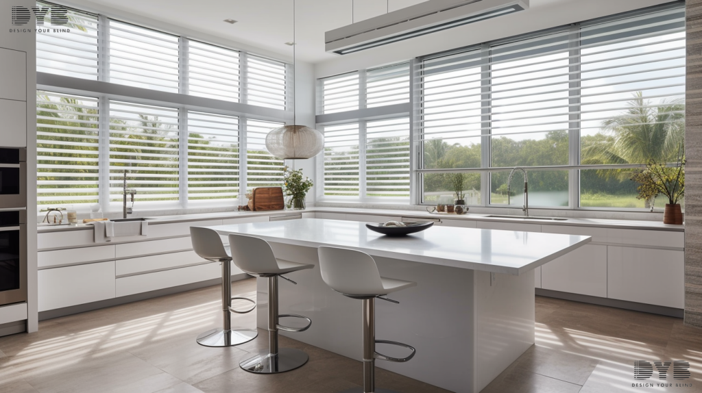 A modern kitchen in Lighthouse Point, FL, featuring a Screen Roller Shade that provides a clear view of a nearby lake.