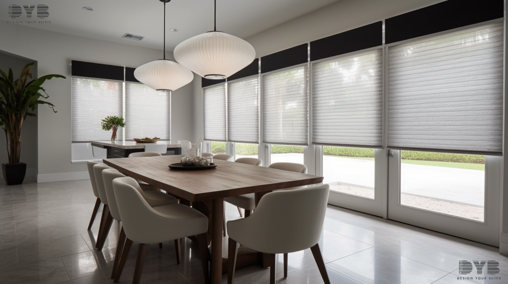 Honeycomb Shades in a Boca Raton dining room, minimalist interior design with Baker Furniture