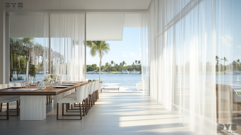 Sheer curtains in a dining room in Lighthouse Point, FL, with a view of the Intercoastal Waterway