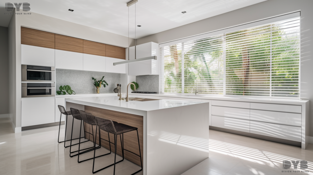 Screen Roller Shades in a minimalist kitchen in Lighthouse Point, FL, filtering the sun's glare for a stylish and comfortable atmosphere.