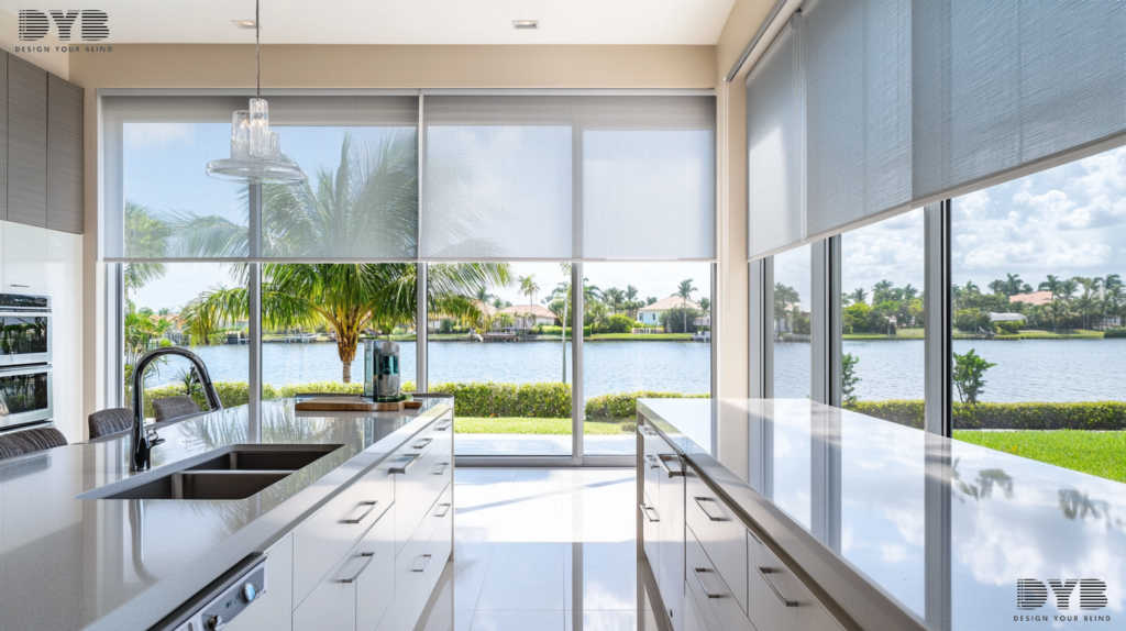 Solar Roller Shades in a modern kitchen in Lighthouse Point, FL, with a view of the Intercoastal Waterway