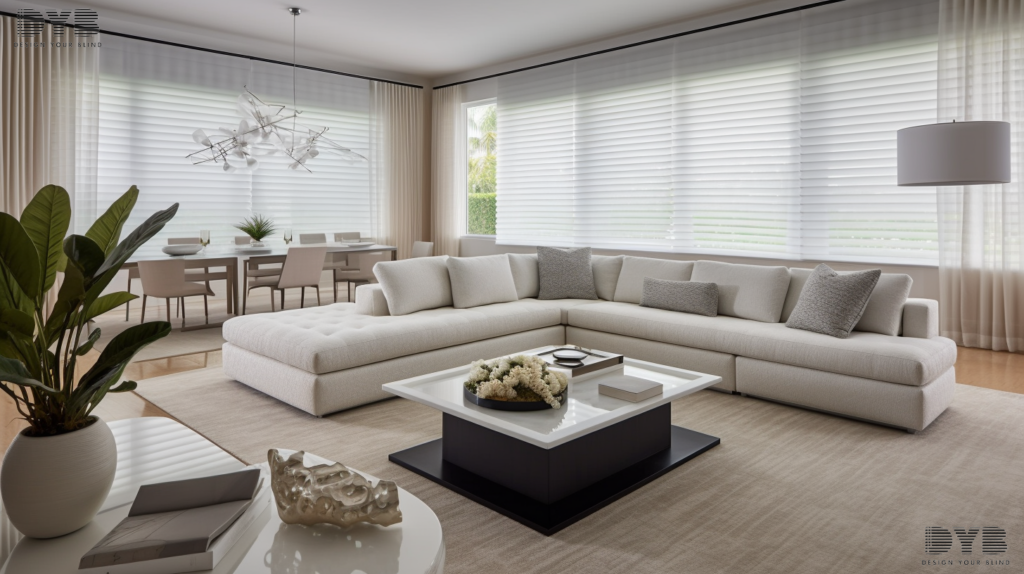 Boca Raton living room with Honeycomb Shades, modern design, Ethan Allen furniture