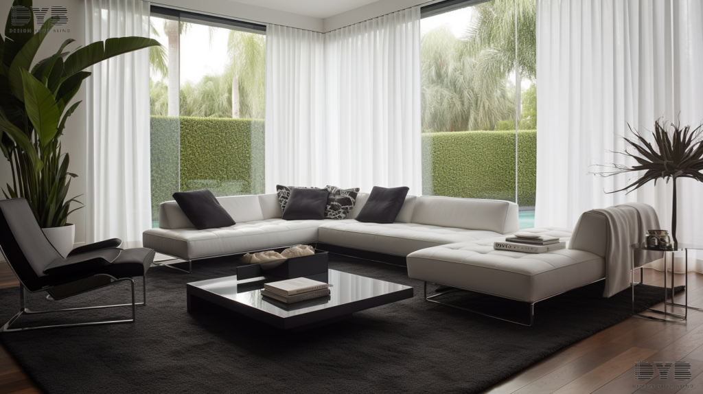 Modern living room in West Palm Beach, FL, featuring charcoal blackout curtains and sleek furnishings from Williams Sonoma.