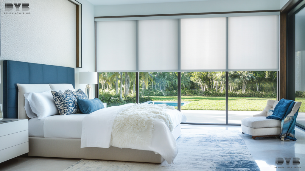 A guest bedroom with Solar Roller Shades in Palm Beach Gardens, Florida