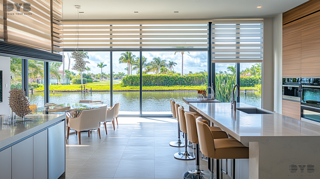 Pirouette Shades in a contemporary kitchen in Lighthouse Point, FL, with a view of the canals