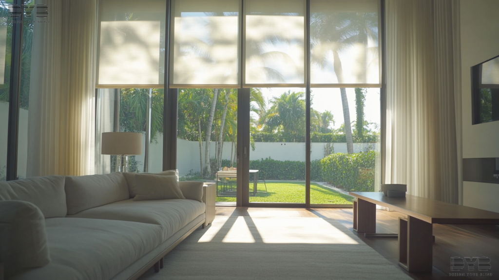 A living room in Boca Raton, FL, styled in an Urban Modern design, featuring Roller Shades and a view of a backyard.