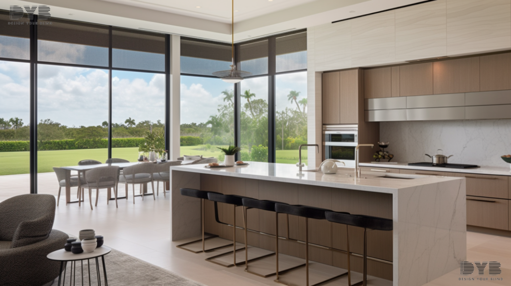 Modern kitchen in Boca Raton, FL, featuring Roller Shades and a view of a golf course.