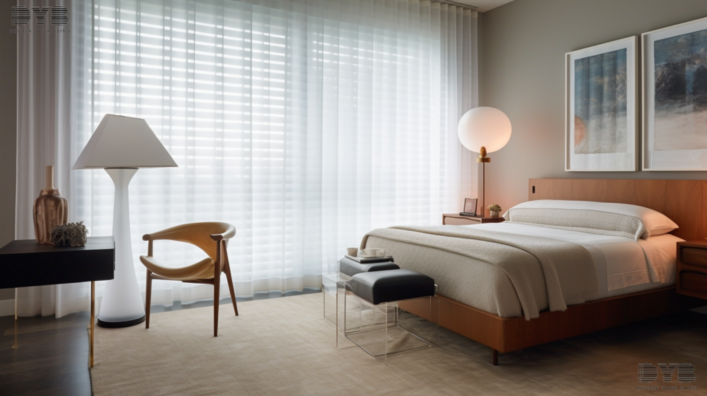 A guest bedroom in Boynton Beach, FL, with sheer curtains and a garden view.