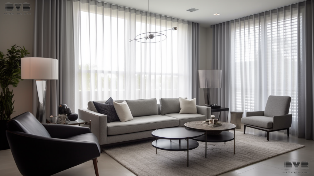 A living room in Boynton Beach, FL, featuring sheer curtains and an ocean view.
