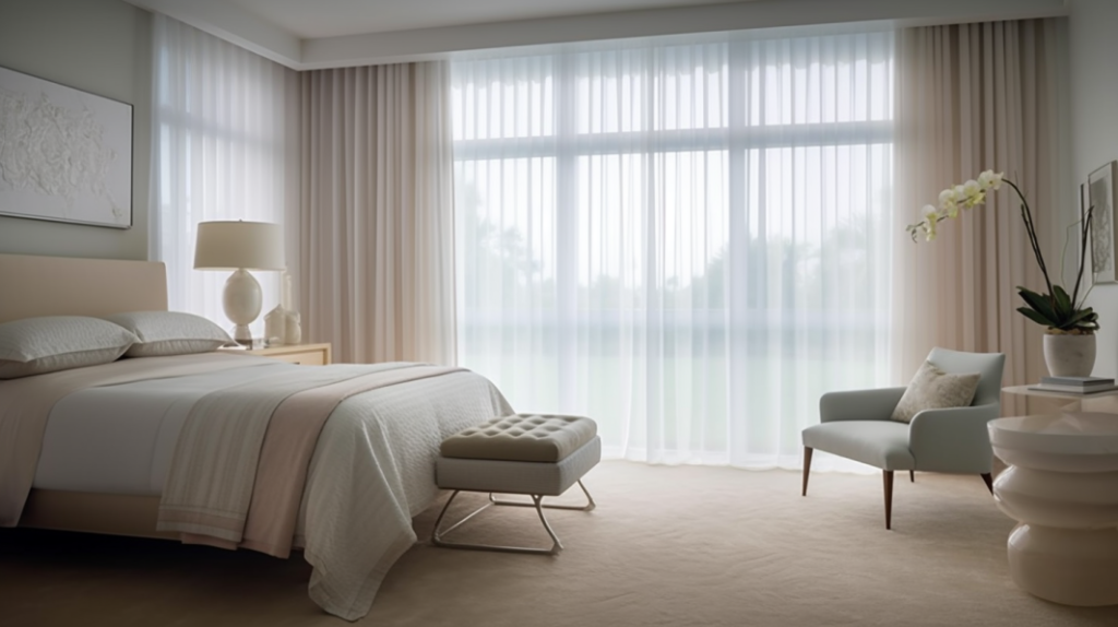 A tranquil master bedroom in Boynton Beach, FL, with sheer curtains and a view of a lake.