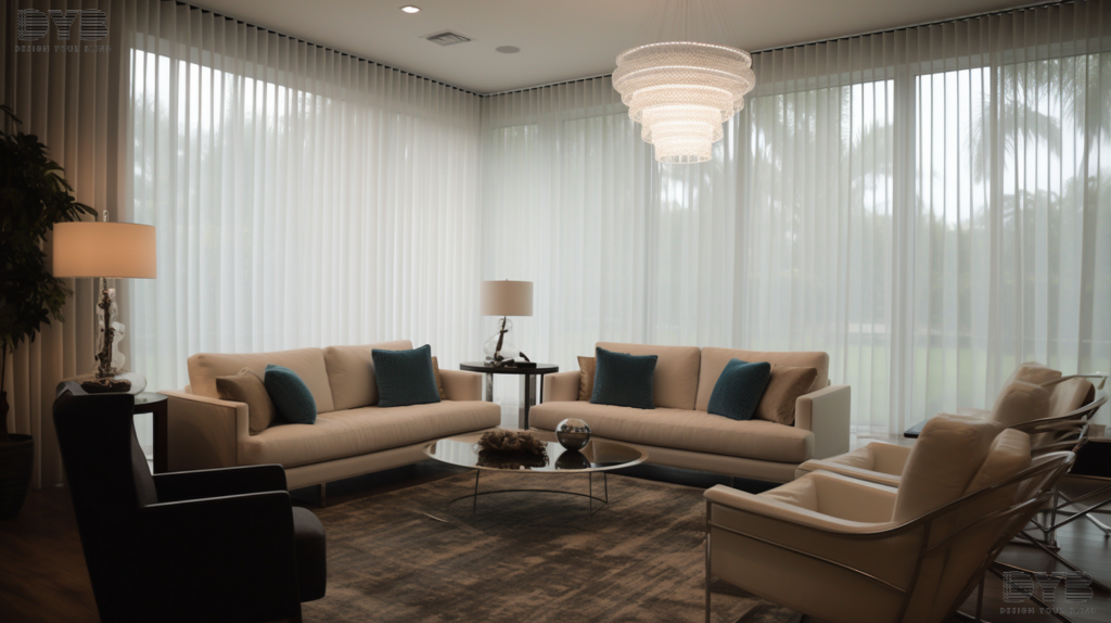 A transitional living room in Boynton Beach, FL, with sheer curtains and an ocean view.