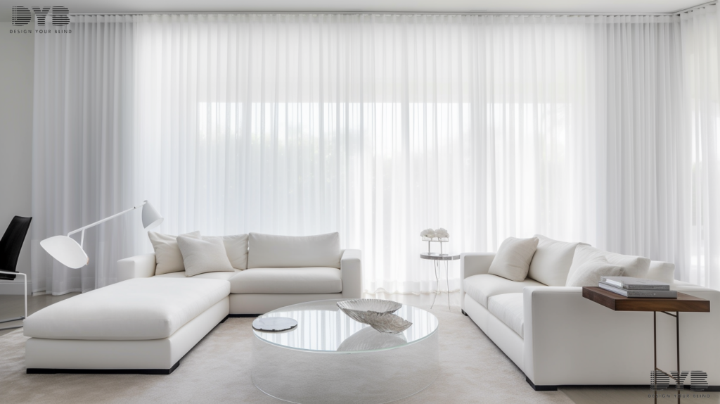 A formal living room in Boynton Beach, FL, with sheer curtains and a backyard pool view.