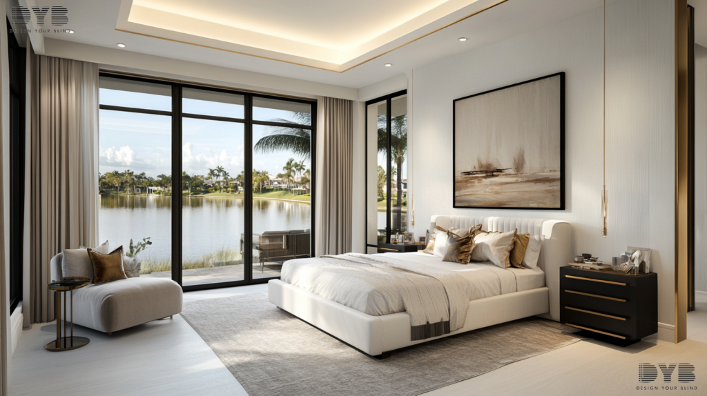 Blackout shades in a master bedroom in West Palm Beach, Florida