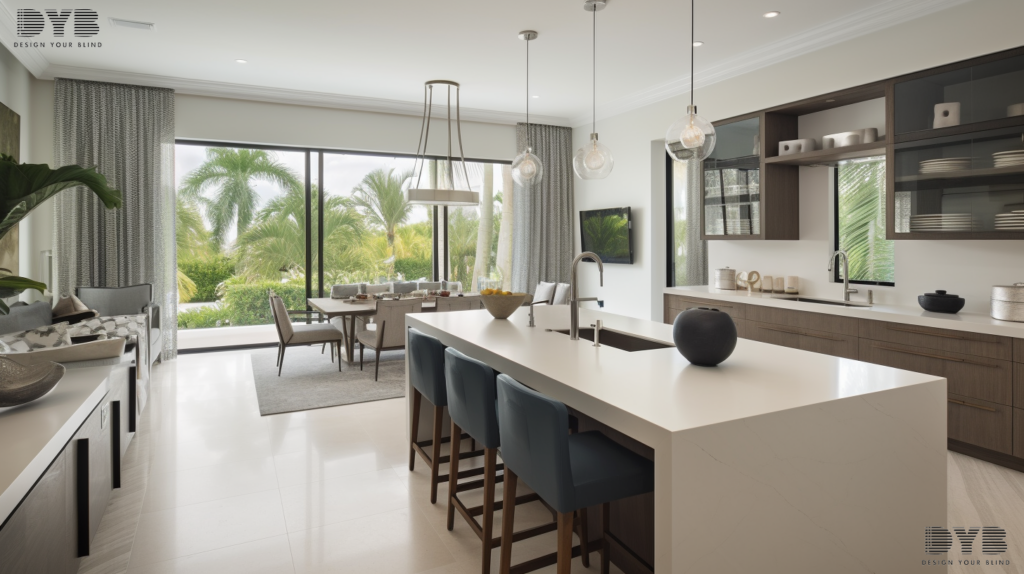 Boca Raton Kitchen with Honeycomb Shades, transitional design, Arhaus furniture