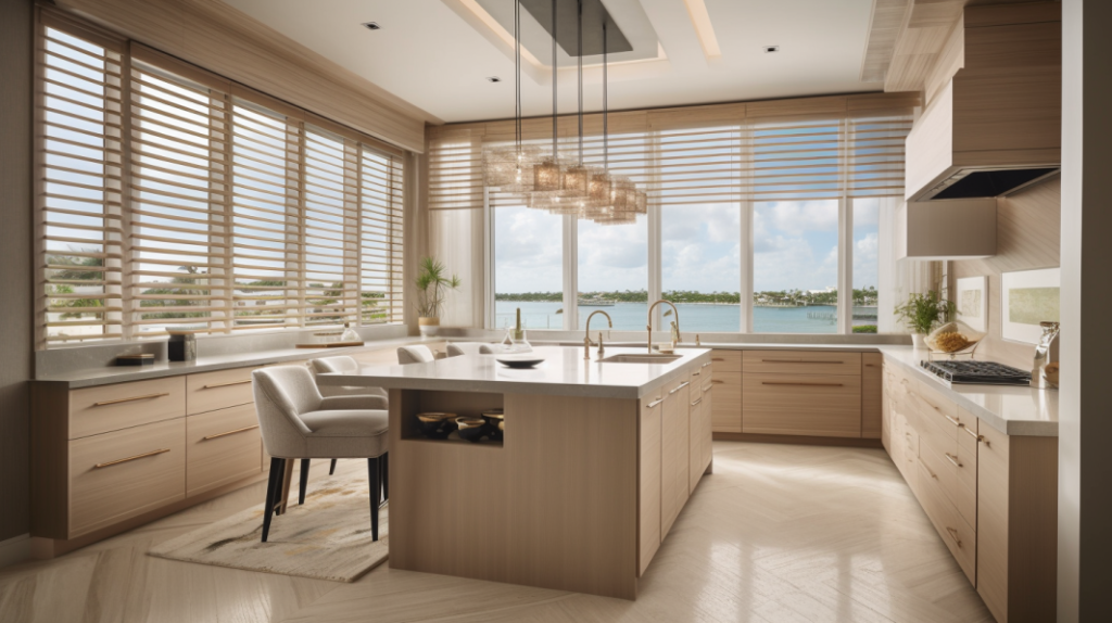 Transitional kitchen in West Palm Beach, FL, featuring Pirouette Shades, creating a warm and inviting ambiance.