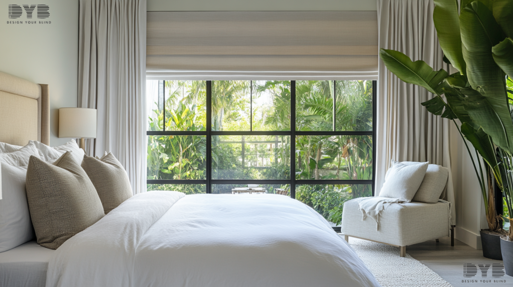 A bedroom with blackout Roller Shades in West Palm Beach, Florida