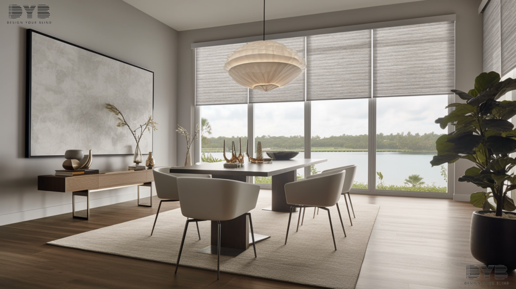 Contemporary dining room in West Palm Beach, FL, featuring Roman Shades, creating a stylish and intimate atmosphere.