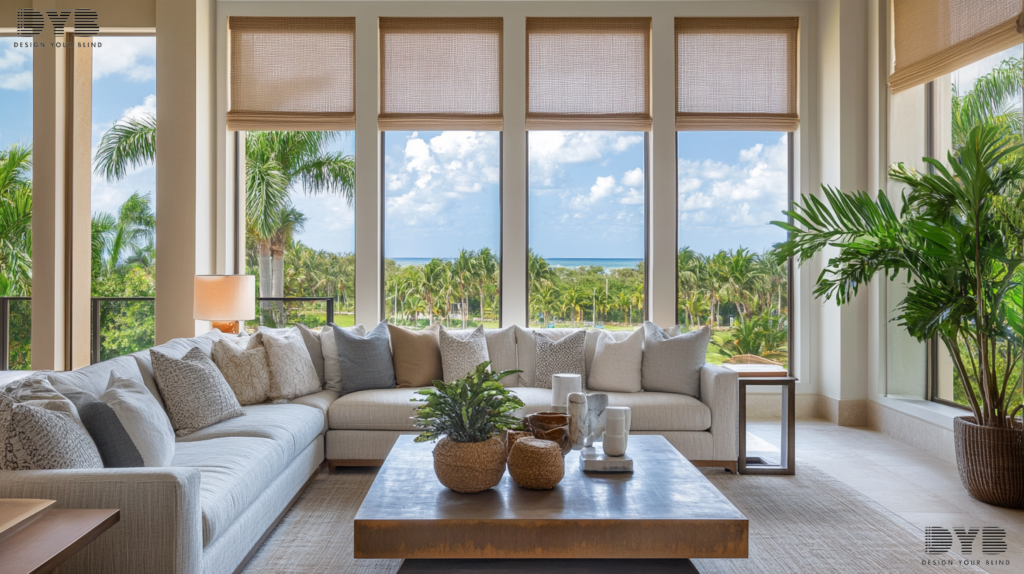 Blackout shades in a transitional living room in West Palm Beach, Florida