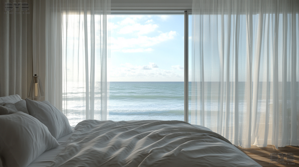 A bedroom in Boynton Beach, FL, with sheer curtains in a contemporary design.