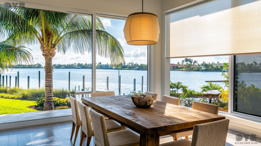 A casual dining room in Boynton Beach, Florida, with a rustic wooden table and chairs, featuring a Silhouette Shade that diffuses the sunlight and casts a soft glow across the room while offering a glimpse of the Intercoastal Waterway.