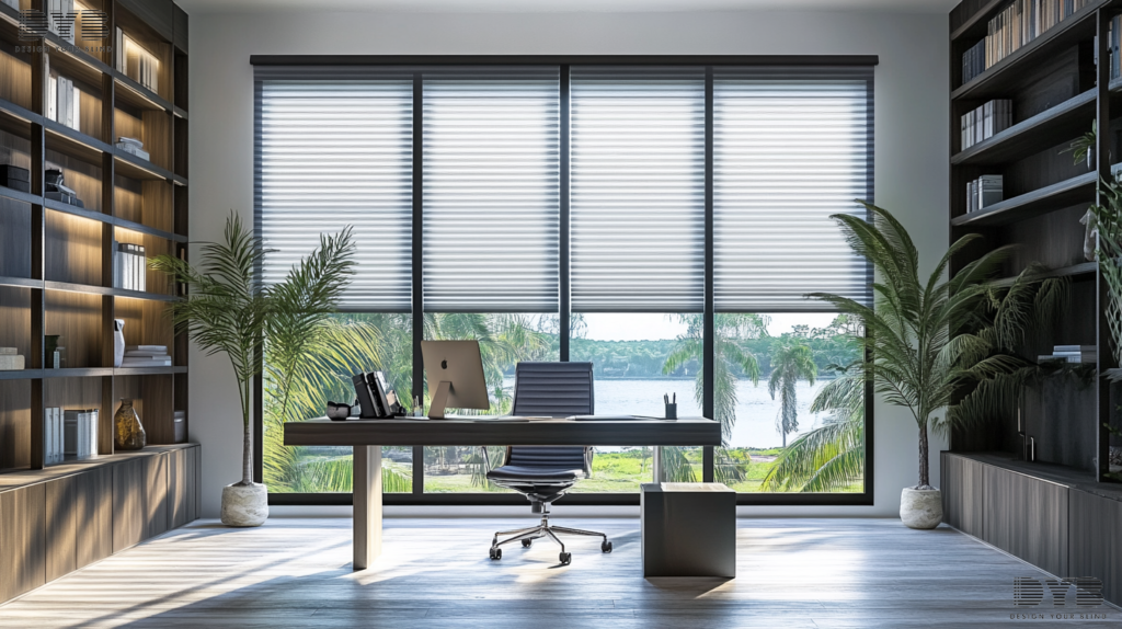 A modern home office in Boynton Beach, Florida, featuring a large window with a Silhouette Shade fully closed, a modern desk with a comfortable chair, a stylish bookshelf, and a sleek lamp, offering a view of the Intercoastal Waterway.
