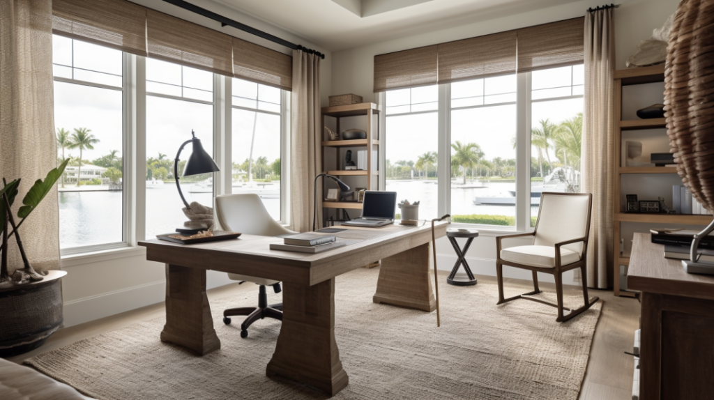 A home office in Boynton Beach with a Screen Roller Shade overlooking the Intercoastal Waterway.