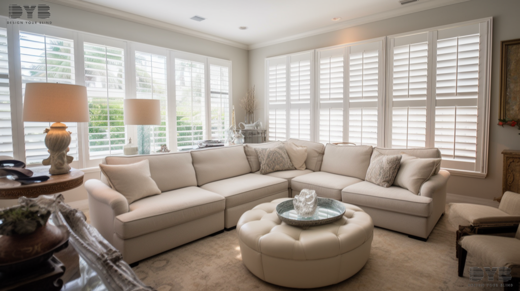 A living room in Boynton Beach with Plantation Shutters overlooking a canal.