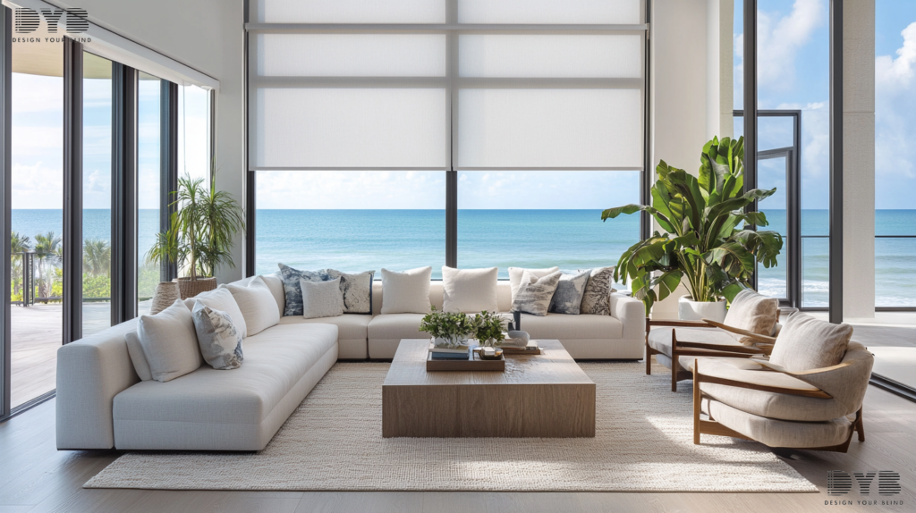 Family room with Roller Shades in Palm Beach Gardens, FL, showcasing breathtaking ocean views.