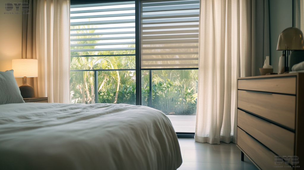 A spacious guest bedroom in Boynton Beach, Florida, featuring a large window with a partially closed Silhouette Shade, a comfortable bed with a plush duvet, a modern dresser, and a sleek reading lamp, offering a view of a lush garden.
