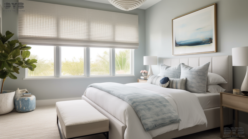 A guest bedroom in Palm Beach Gardens, Florida, features Honeycomb Shades and a king-sized bed from Baker Furniture, with a view of a lake.