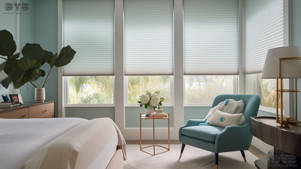 A guest bedroom in Palm Beach Gardens, Florida, features Honeycomb Shades, Mitchell Gold + Bob Williams furniture, and a view of the Intercoastal Waterway.